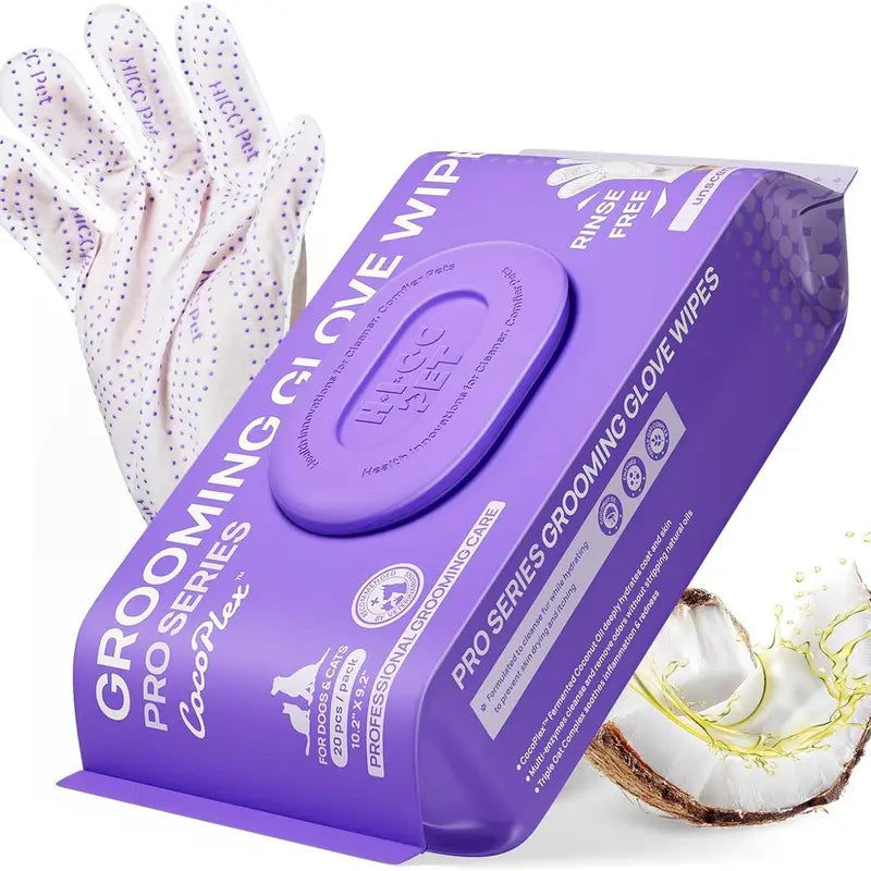 HICC PET 20 Wipes per Pack Disposable Dog Grooming Glove Wipes - No-Rinse, Hypoallergenic, with Fermented Oils & Lanolin for Hair Removal, Natural Deodorant, Skin Hydration, Eyes/Mouth Clean, Bath-Free Grooming