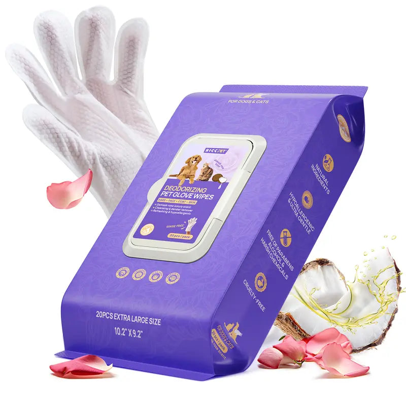 HICC PET 20 Wipes per Pack Disposable Dog Grooming Glove Wipes - No-Rinse, Hypoallergenic, with Fermented Oils & Lanolin for Hair Removal, Natural Deodorant, Skin Hydration, Eyes/Mouth Clean, Bath-Free Grooming