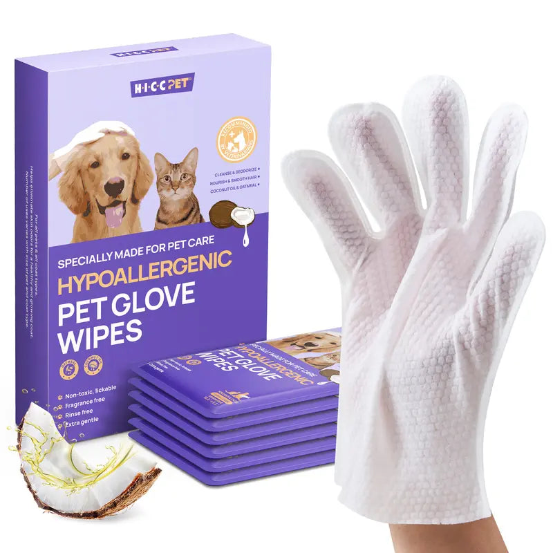 HICC PET 20 Wipes per Pack Disposable Dog Grooming Glove Wipes - No-Rinse, Hypoallergenic, with Fermented Oils & Lanolin for Hair Removal, Natural Deodorant, Skin Hydration, Eyes/Mouth Clean, Bath-Free Grooming