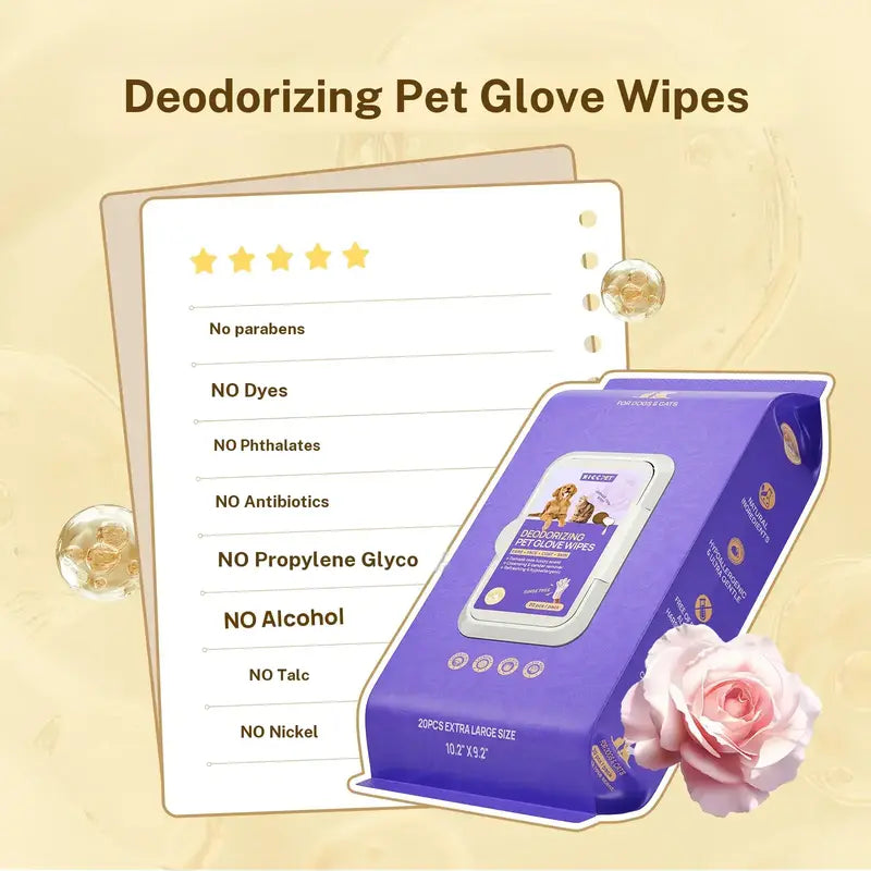 HICC PET 20 Wipes per Pack Disposable Dog Grooming Glove Wipes - No-Rinse, Hypoallergenic, with Fermented Oils & Lanolin for Hair Removal, Natural Deodorant, Skin Hydration, Eyes/Mouth Clean, Bath-Free Grooming