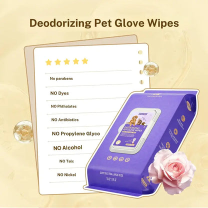 HICC PET 20 Wipes per Pack Disposable Dog Grooming Glove Wipes - No-Rinse, Hypoallergenic, with Fermented Oils & Lanolin for Hair Removal, Natural Deodorant, Skin Hydration, Eyes/Mouth Clean, Bath-Free Grooming