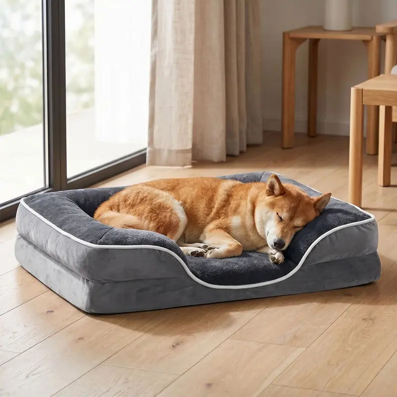 Sweetcrispy Modern Orthopedic Memory Foam Pet Bed for Large Dogs - Auction Use, 20.0"L X 24.0"W X 8.0"Th, 3-Sided Bolsters, Supportive Sofa Design, Detachable Fleece Cover, Waterproof, Non-Slip Base, Washable