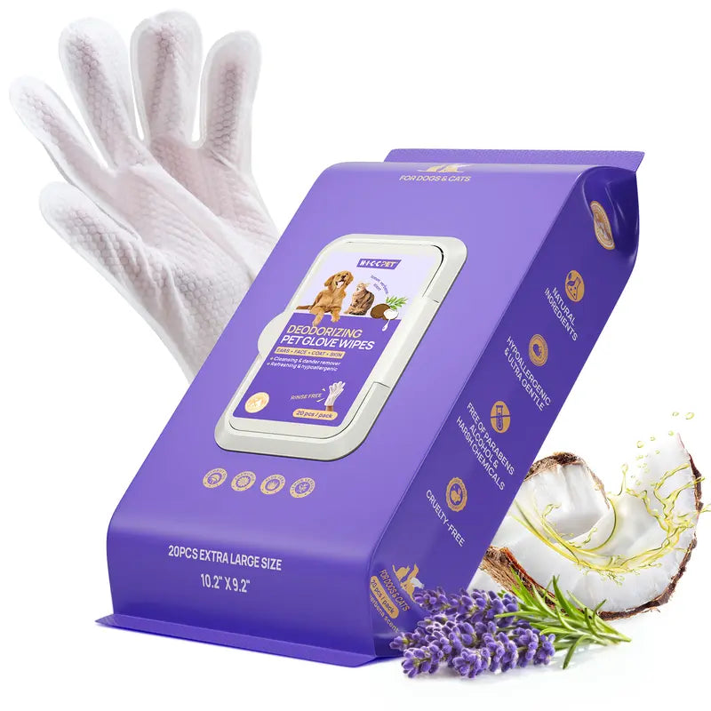 HICC PET 20 Wipes per Pack Disposable Dog Grooming Glove Wipes - No-Rinse, Hypoallergenic, with Fermented Oils & Lanolin for Hair Removal, Natural Deodorant, Skin Hydration, Eyes/Mouth Clean, Bath-Free Grooming