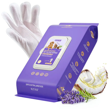 HICC PET 20 Wipes per Pack Disposable Dog Grooming Glove Wipes - No-Rinse, Hypoallergenic, with Fermented Oils & Lanolin for Hair Removal, Natural Deodorant, Skin Hydration, Eyes/Mouth Clean, Bath-Free Grooming