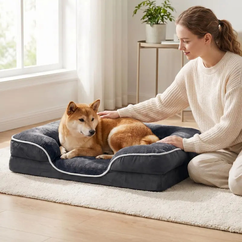 Sweetcrispy Modern Orthopedic Memory Foam Pet Bed for Large Dogs - Auction Use, 20.0"L X 24.0"W X 8.0"Th, 3-Sided Bolsters, Supportive Sofa Design, Detachable Fleece Cover, Waterproof, Non-Slip Base, Washable