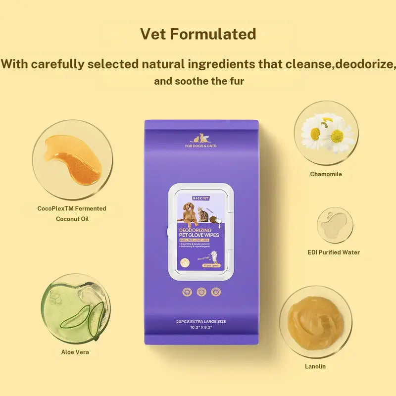 HICC PET 20 Wipes per Pack Disposable Dog Grooming Glove Wipes - No-Rinse, Hypoallergenic, with Fermented Oils & Lanolin for Hair Removal, Natural Deodorant, Skin Hydration, Eyes/Mouth Clean, Bath-Free Grooming