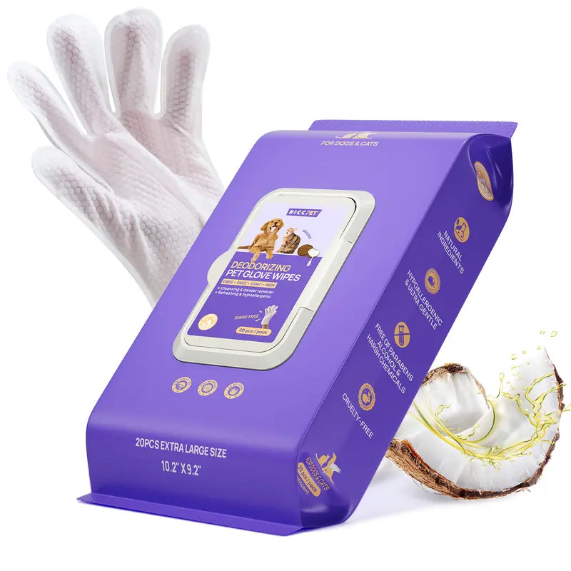 HICC PET 20 Wipes per Pack Disposable Dog Grooming Glove Wipes - No-Rinse, Hypoallergenic, with Fermented Oils & Lanolin for Hair Removal, Natural Deodorant, Skin Hydration, Eyes/Mouth Clean, Bath-Free Grooming