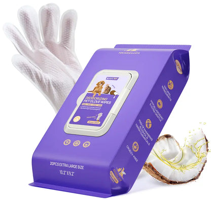 HICC PET 20 Wipes per Pack Disposable Dog Grooming Glove Wipes - No-Rinse, Hypoallergenic, with Fermented Oils & Lanolin for Hair Removal, Natural Deodorant, Skin Hydration, Eyes/Mouth Clean, Bath-Free Grooming