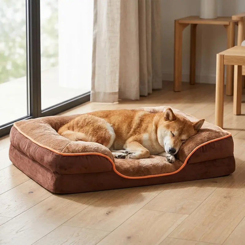 Sweetcrispy Modern Orthopedic Memory Foam Pet Bed for Large Dogs - Auction Use, 20.0"L X 24.0"W X 8.0"Th, 3-Sided Bolsters, Supportive Sofa Design, Detachable Fleece Cover, Waterproof, Non-Slip Base, Washable