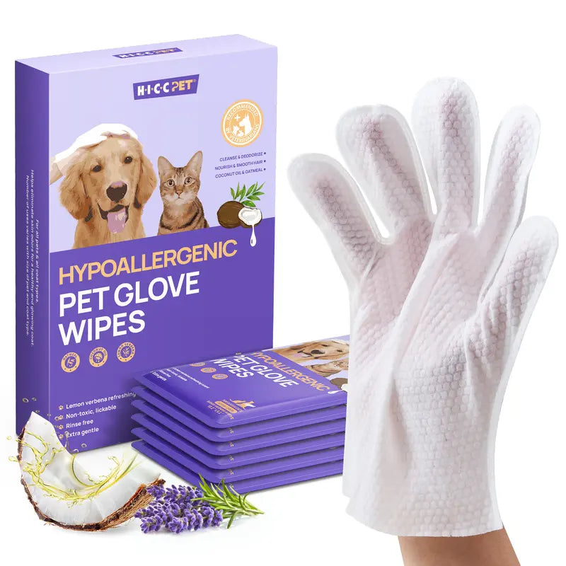 HICC PET 20 Wipes per Pack Disposable Dog Grooming Glove Wipes - No-Rinse, Hypoallergenic, with Fermented Oils & Lanolin for Hair Removal, Natural Deodorant, Skin Hydration, Eyes/Mouth Clean, Bath-Free Grooming