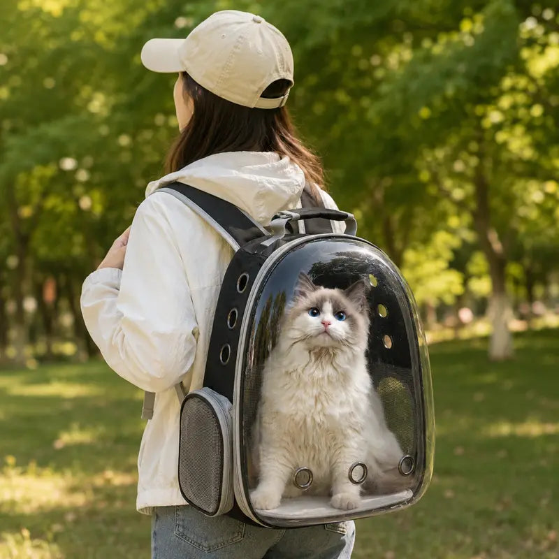 Transparent Space Capsule Pet Backpack with Multi Air Holes Breathable Design, Padded Shoulder Strap Portable Cat Dog Carrier Bag, Ideal for Walking Hiking Vet Trips for Small Medium Cats and Puppies