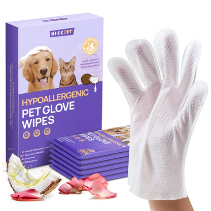 HICC PET 20 Wipes per Pack Disposable Dog Grooming Glove Wipes - No-Rinse, Hypoallergenic, with Fermented Oils & Lanolin for Hair Removal, Natural Deodorant, Skin Hydration, Eyes/Mouth Clean, Bath-Free Grooming
