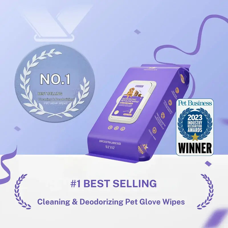 HICC PET 20 Wipes per Pack Disposable Dog Grooming Glove Wipes - No-Rinse, Hypoallergenic, with Fermented Oils & Lanolin for Hair Removal, Natural Deodorant, Skin Hydration, Eyes/Mouth Clean, Bath-Free Grooming