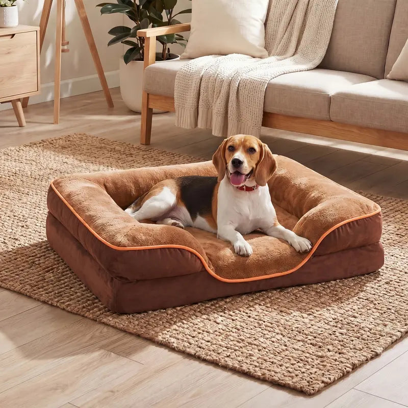 Sweetcrispy Modern Orthopedic Memory Foam Pet Bed for Large Dogs - Auction Use, 20.0"L X 24.0"W X 8.0"Th, 3-Sided Bolsters, Supportive Sofa Design, Detachable Fleece Cover, Waterproof, Non-Slip Base, Washable