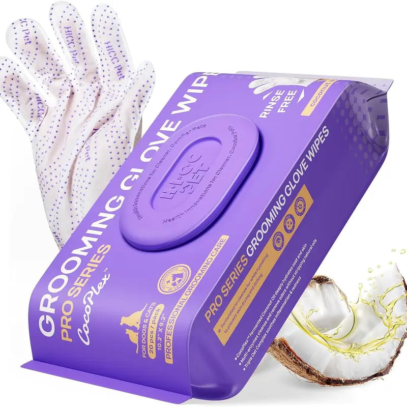 HICC PET 20 Wipes per Pack Disposable Dog Grooming Glove Wipes - No-Rinse, Hypoallergenic, with Fermented Oils & Lanolin for Hair Removal, Natural Deodorant, Skin Hydration, Eyes/Mouth Clean, Bath-Free Grooming