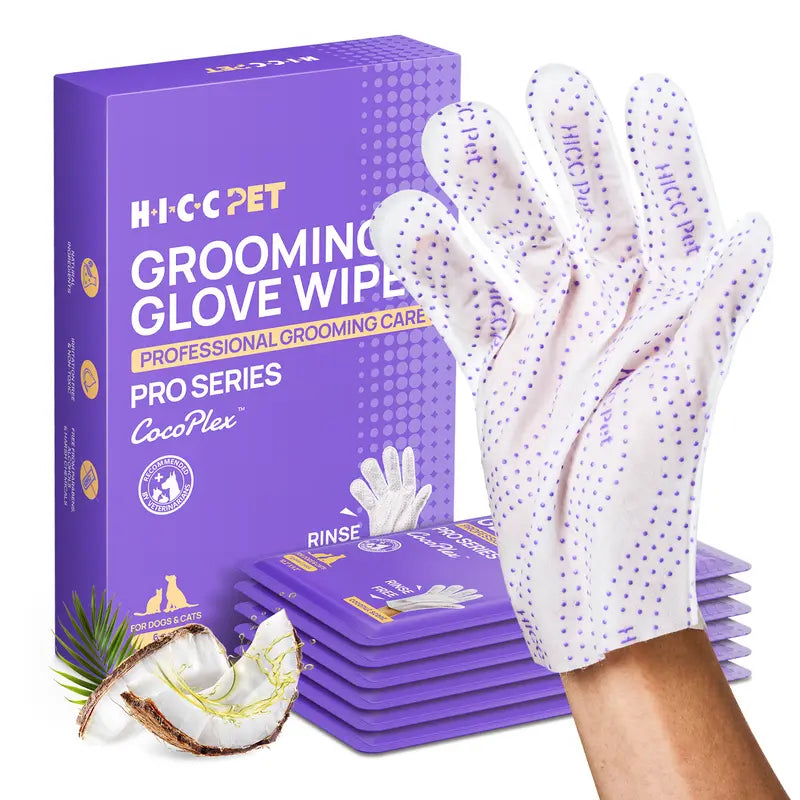 HICC PET 20 Wipes per Pack Disposable Dog Grooming Glove Wipes - No-Rinse, Hypoallergenic, with Fermented Oils & Lanolin for Hair Removal, Natural Deodorant, Skin Hydration, Eyes/Mouth Clean, Bath-Free Grooming