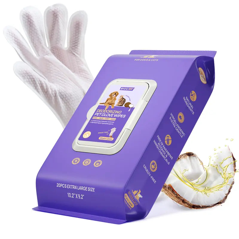 HICC PET 20 Wipes per Pack Disposable Dog Grooming Glove Wipes - No-Rinse, Hypoallergenic, with Fermented Oils & Lanolin for Hair Removal, Natural Deodorant, Skin Hydration, Eyes/Mouth Clean, Bath-Free Grooming