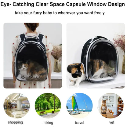 Transparent Space Capsule Pet Backpack with Multi Air Holes Breathable Design, Padded Shoulder Strap Portable Cat Dog Carrier Bag, Ideal for Walking Hiking Vet Trips for Small Medium Cats and Puppies