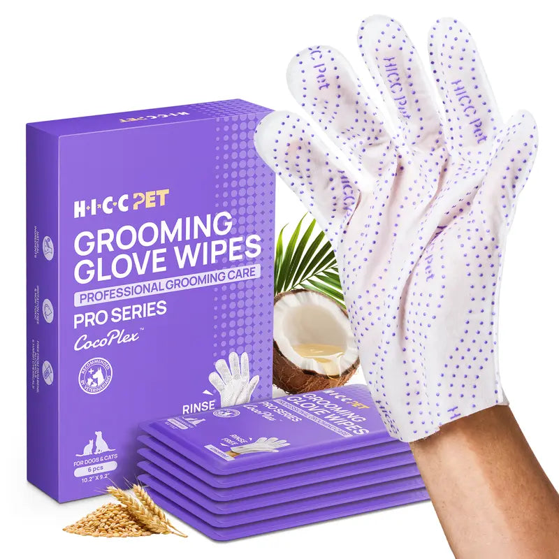 HICC PET 20 Wipes per Pack Disposable Dog Grooming Glove Wipes - No-Rinse, Hypoallergenic, with Fermented Oils & Lanolin for Hair Removal, Natural Deodorant, Skin Hydration, Eyes/Mouth Clean, Bath-Free Grooming
